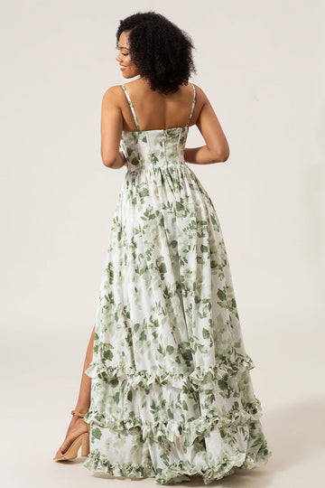 A-Line Spaghetti Straps Verde Stampato Abito Lungo Prom Con Spacco